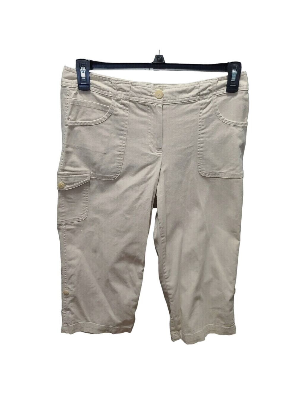 Izod Womens Cargo Capri Pants Khaki Size 8 Cotton Blend Cargo Stretch Button Zip